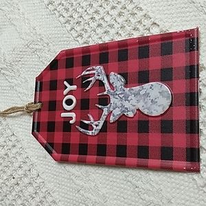 Thick Metal Christmas Ornament  3.5 x 5.5 inches (Joy) Deer w Black & Red Check